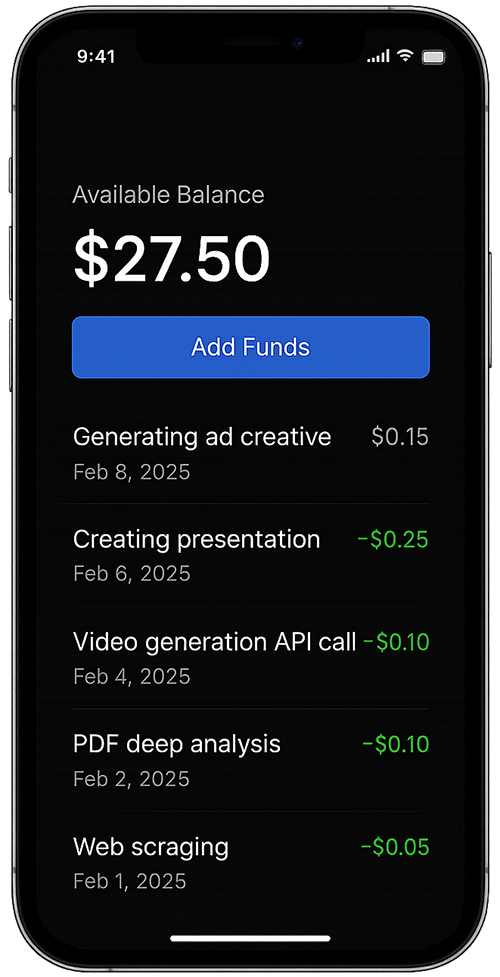 Walleot app on a smartphone, showing account balance and a list of recent AI transactions.