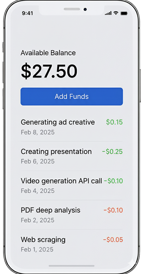 Walleot app on a smartphone, showing account balance and a list of recent AI transactions.